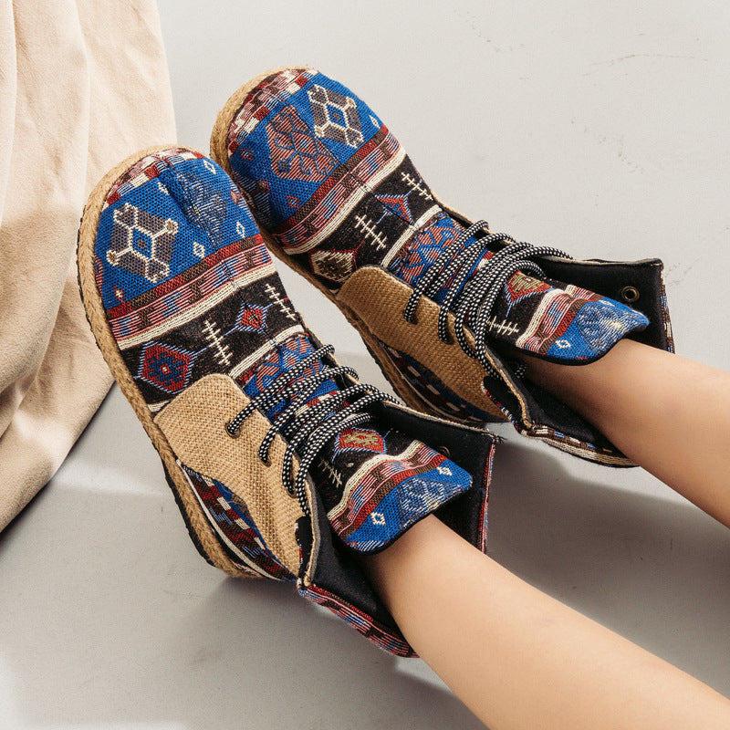 High-Top Linen Cloth Shoes Embroidered Lace-Up Flanging Color Matching Shoes National Wind Cotton And Linen Booties
