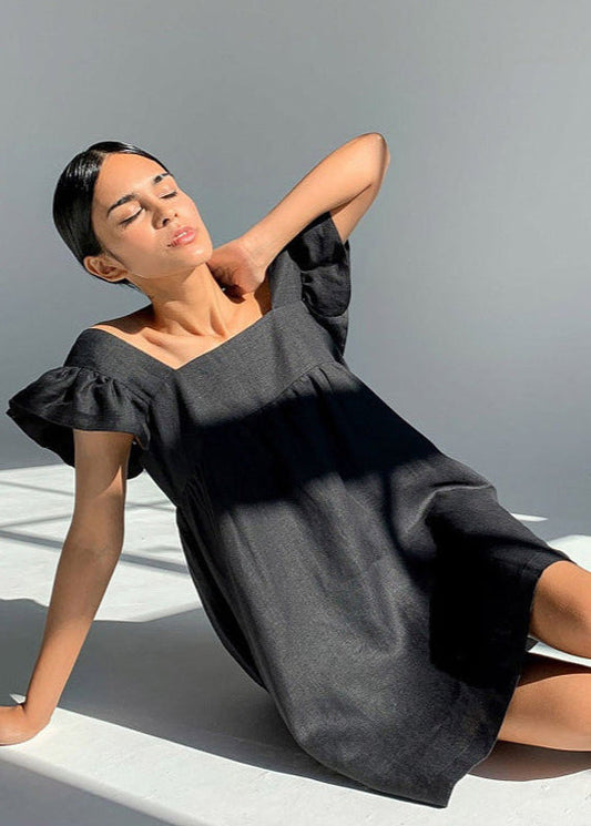 Linen Mini Dress With Flutter Sleeves And Square Neckline