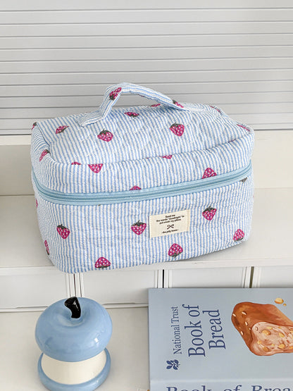 Blue Strawberry Striped Makeup Bag Quilted Portable Toiletry Bag