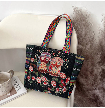 Bohemian Floral Embroidered Tote Bag Stylish Canvas Shoulder Bag