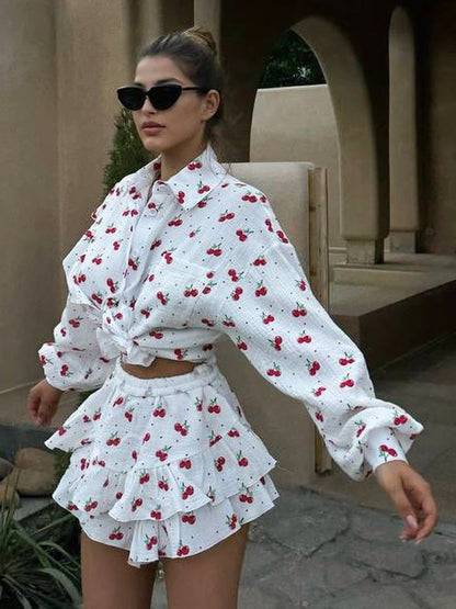 Cotton Floral Print Ruffle Sleeve Shirt & Shorts Set