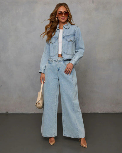 Casual Denim Jacket And Pants Set For Women