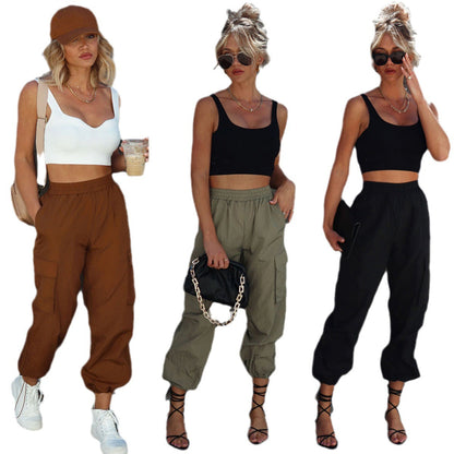 Multi-Pocket Work Pants for Women Casual Drawstring Tapered Trousers
