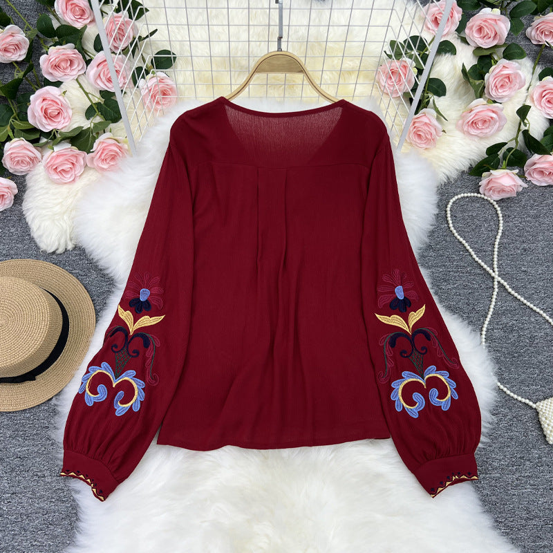 Vintage Embroidery Ethnic Style New Women'S Clothing French Style Minimalist Style V-Neck Bubble Sleeve Embroidered Shirt