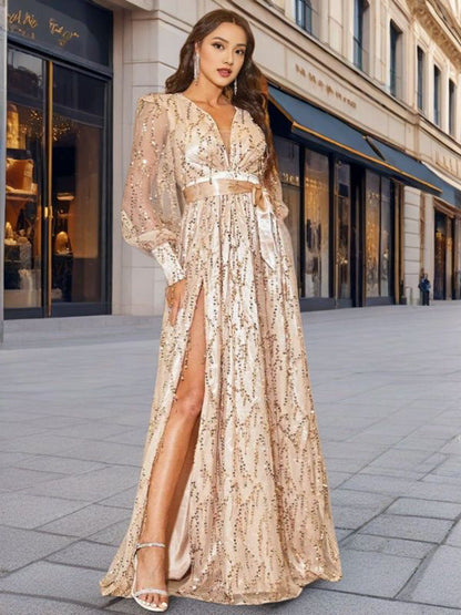 Elegant V-Neck Sequin Maxi Dress Party Gown
