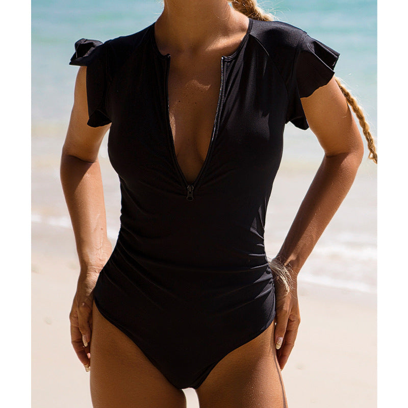 One-Piece Swimsuit Solid Color Ruffles Half Pack Beach Resort Swimwear Bikini