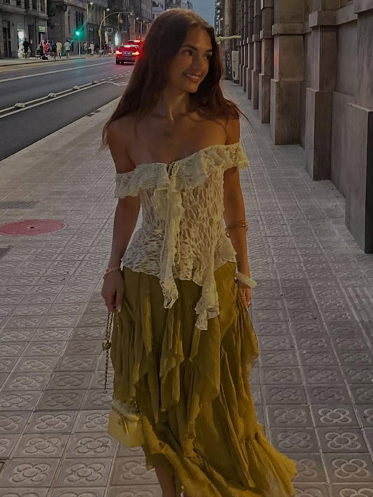 Asymmetrical Lace Trim Tie Top in Apricot