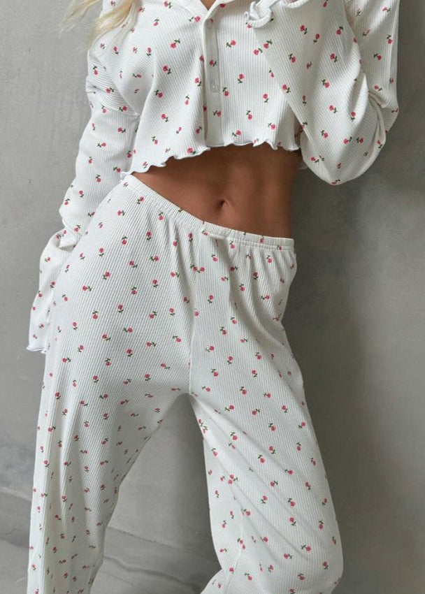 Lounge Set Soft Ribbed Fabric Floral Print