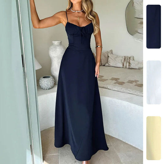 Trendy Solid Color A-Line Dress with Tie Straps