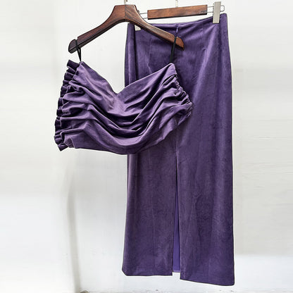 Trendy French Style Velvet Two-Piece Set With Asymmetrical Top And Skirt