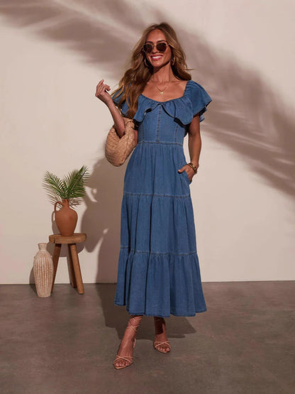 Casual Flounce Sleeve Denim Dress