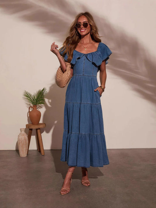Casual Flounce Sleeve Denim Dress