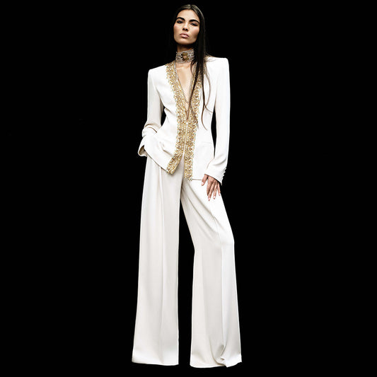 Fashionable Sequin Embellished Jacket And Pants Set