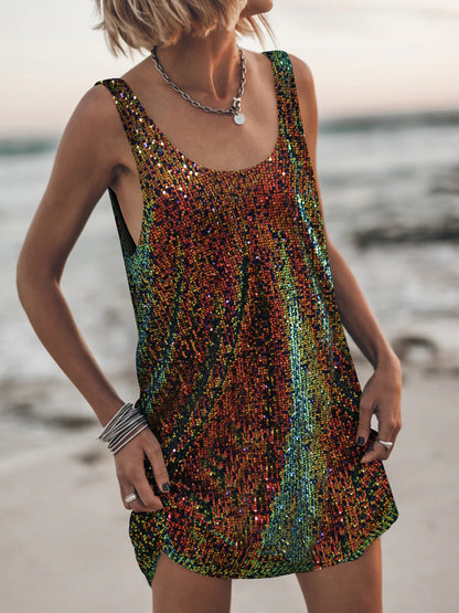 U-Neck Sleeveless Sparkly Backless Tank Dress Casual Chic
