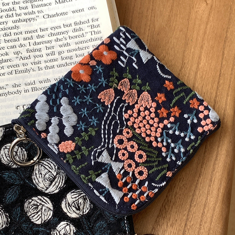 Cute Cotton Linen Embroidered Coin Purse Mini Makeup Bag