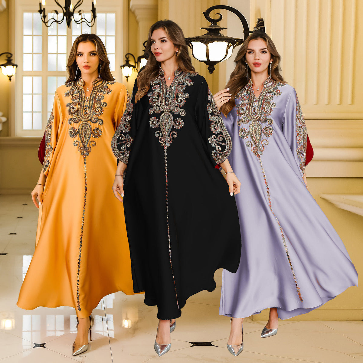 Embroidered Long Abaya Dress with Rope Embroidery