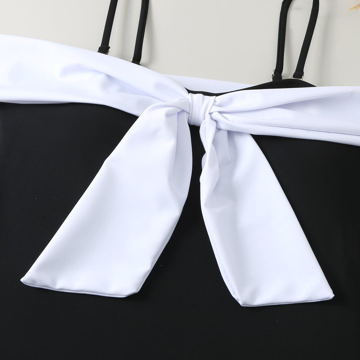 Color Block Bow Swimwear with Mesh Cover