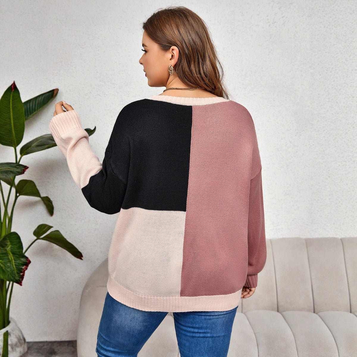 Block Color Knit Sweater Casual Pullover Top