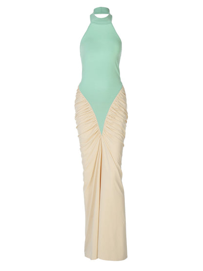 Sexy Backless Halter Color Block Bodycon Dress