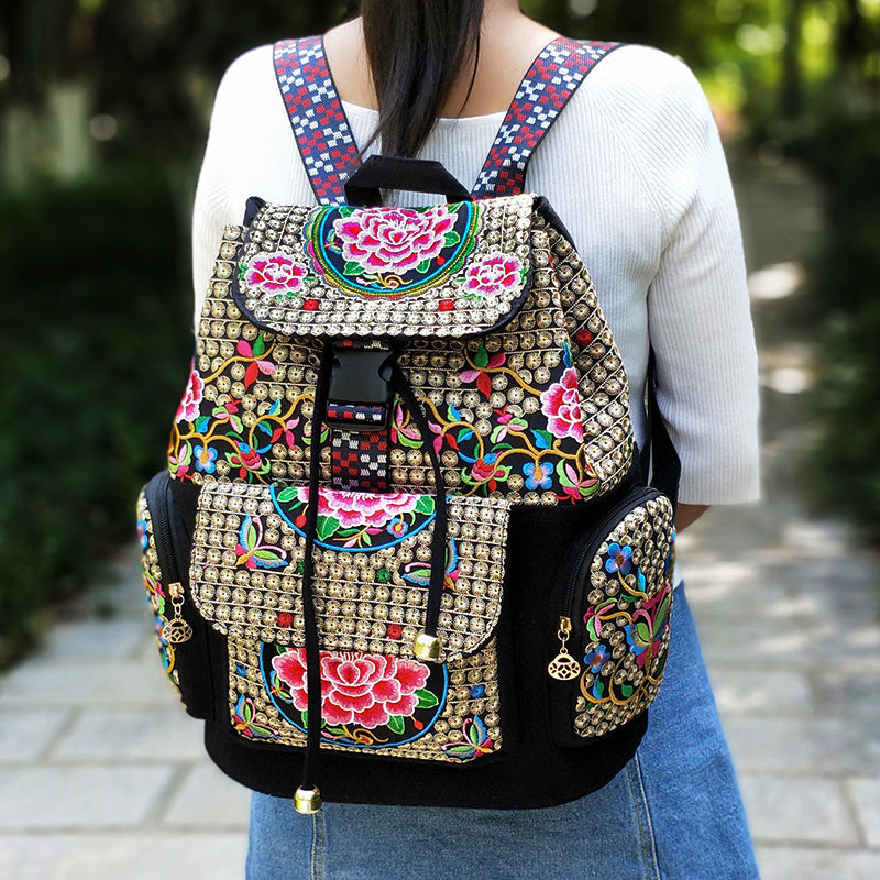 New Embroidery Bag Ethnic Style Bag Women'S Large Capacity Canvas Backpack Travel Bag Fabric Art
