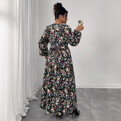 Printed V-Neck High-Waist Loose Maxi Dress