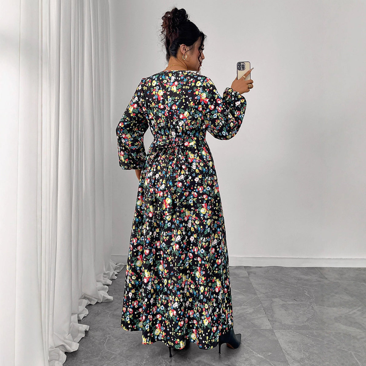 Printed V-Neck High-Waist Loose Maxi Dress