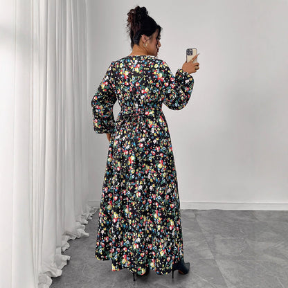 Printed V-Neck High-Waist Loose Maxi Dress