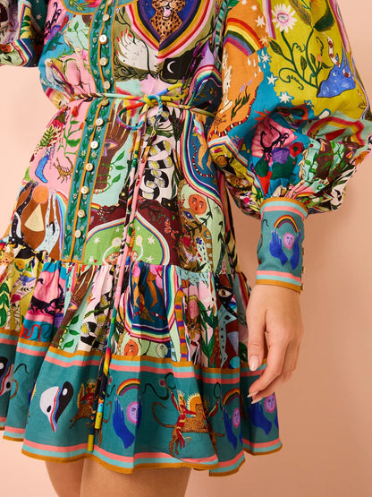 Fashionable Printed Linen Cardigan Dress with A-Line Silhouette