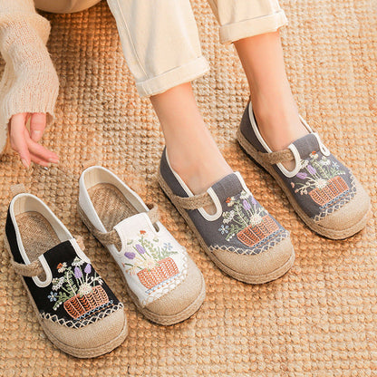 New Ethnic Style Embroidered Cloth Shoes Shallow Mouth One Pedal Low Top Old Beijing Cloth Shoes Woven Round Head Cloth Shoes Women