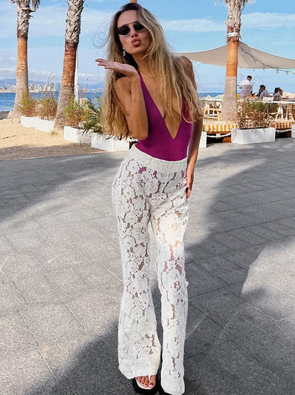 Floral Lace High-Waisted Bell Bottom Pants
