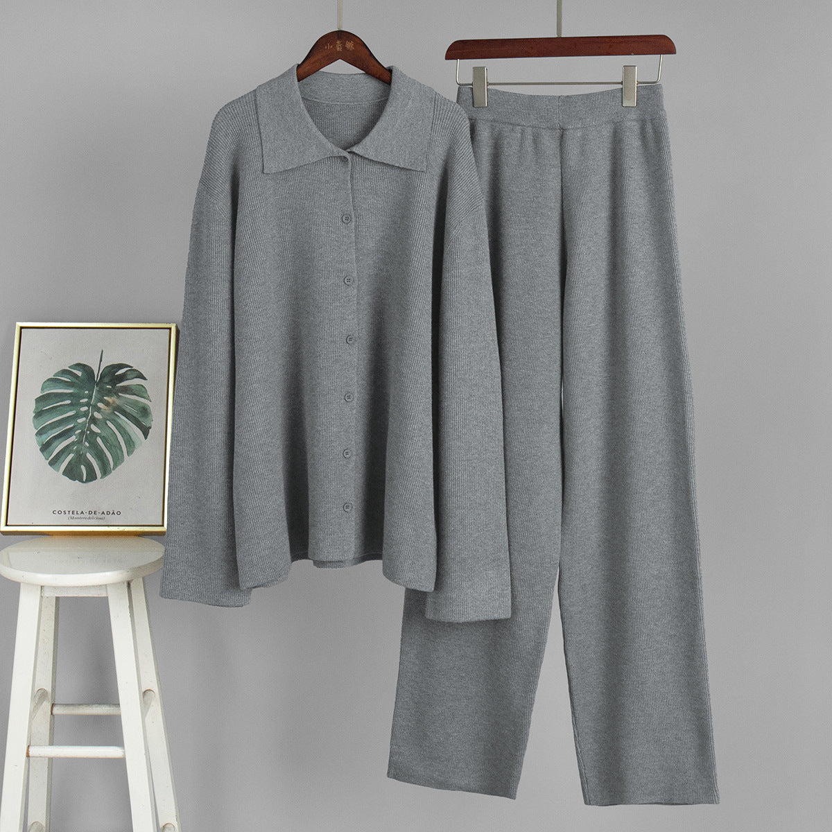 Knitted Sweater Set With Collared Long Sleeves Casual Commuter Style