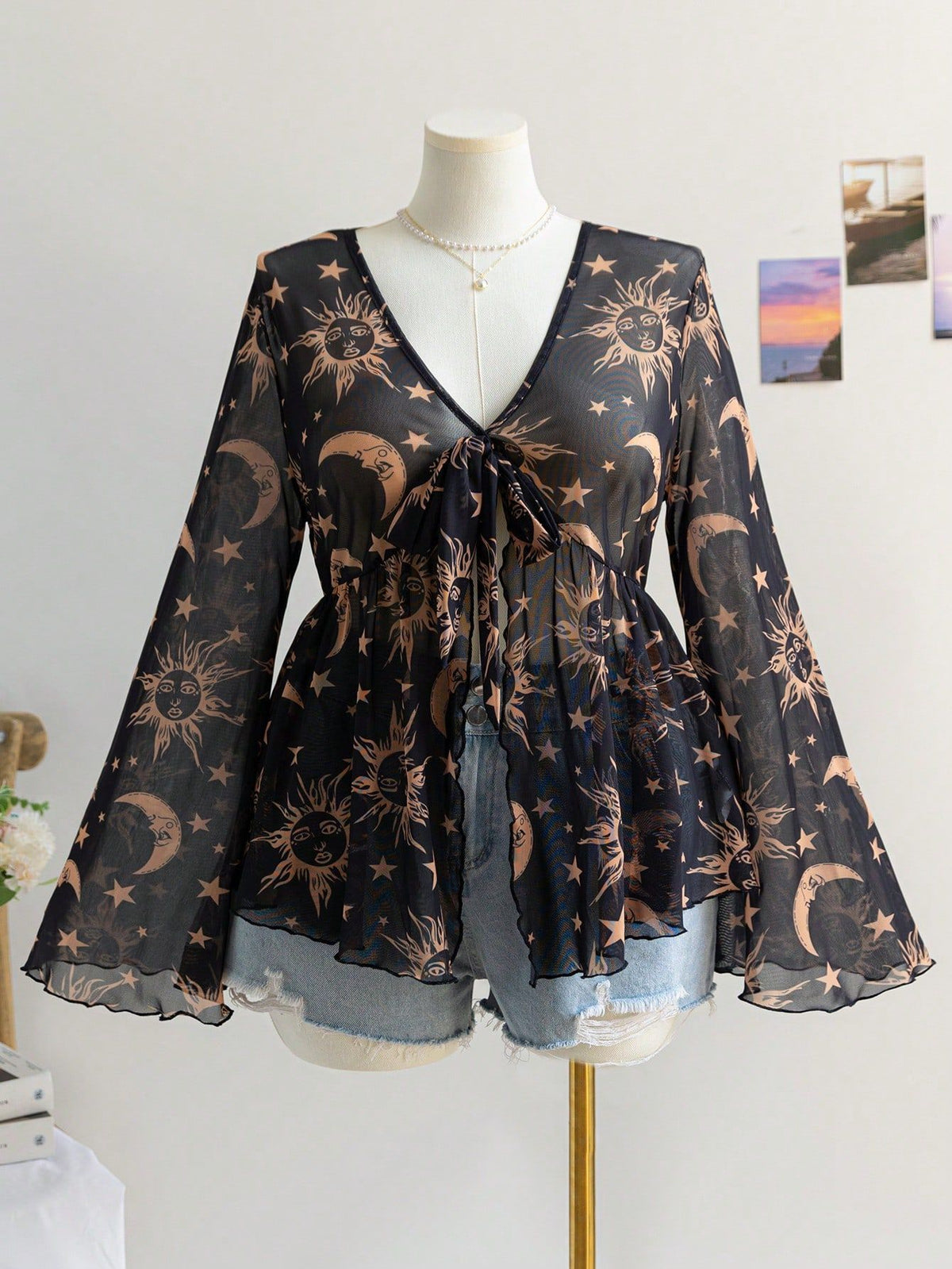 V-Neck Floral Mesh Top with Bell Sleeves