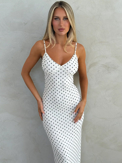 Elegant Polka Dot Deep V Neck Maxi Dress