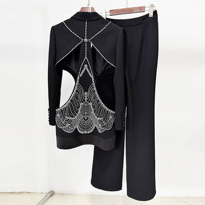Trendy Hollow Out Rhinestone Blazer Suit Set