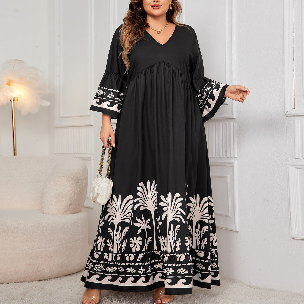 V-Neck Floral Long Dress With Flared Sleeves