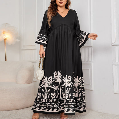 V-Neck Floral Long Dress With Flared Sleeves