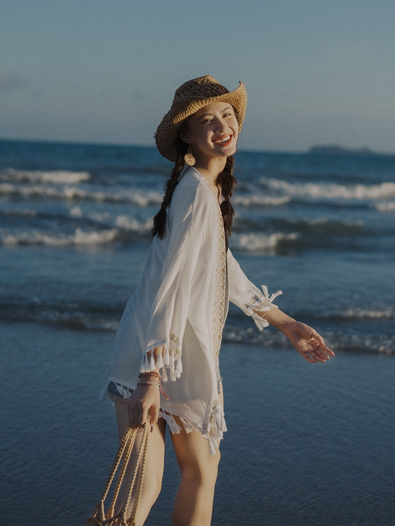 Ethnic Style Embroidery Bohemian Tassel Cardigan, Elegant And Super Immortal Sun Protection Shirt, Beach Outerwear, Loose And Thin Jacket