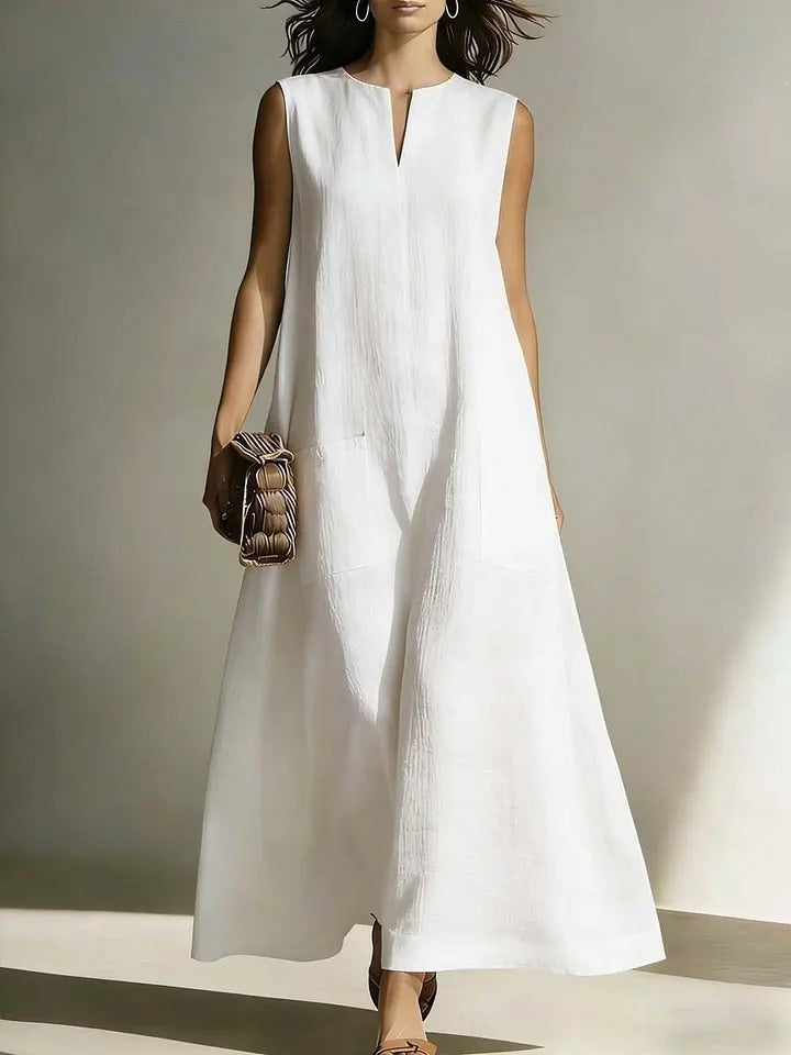 Linen Sleeveless Split Neck Pocket Tent Maxi Dress