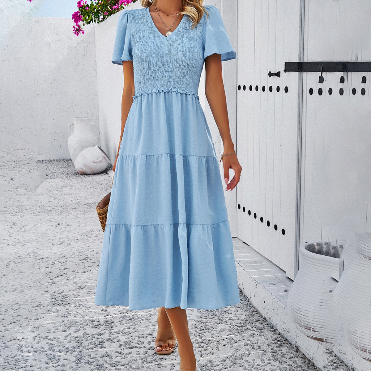 Polka Dot V-Neck Short Sleeve Dress Casual Elegant Polyester Dress