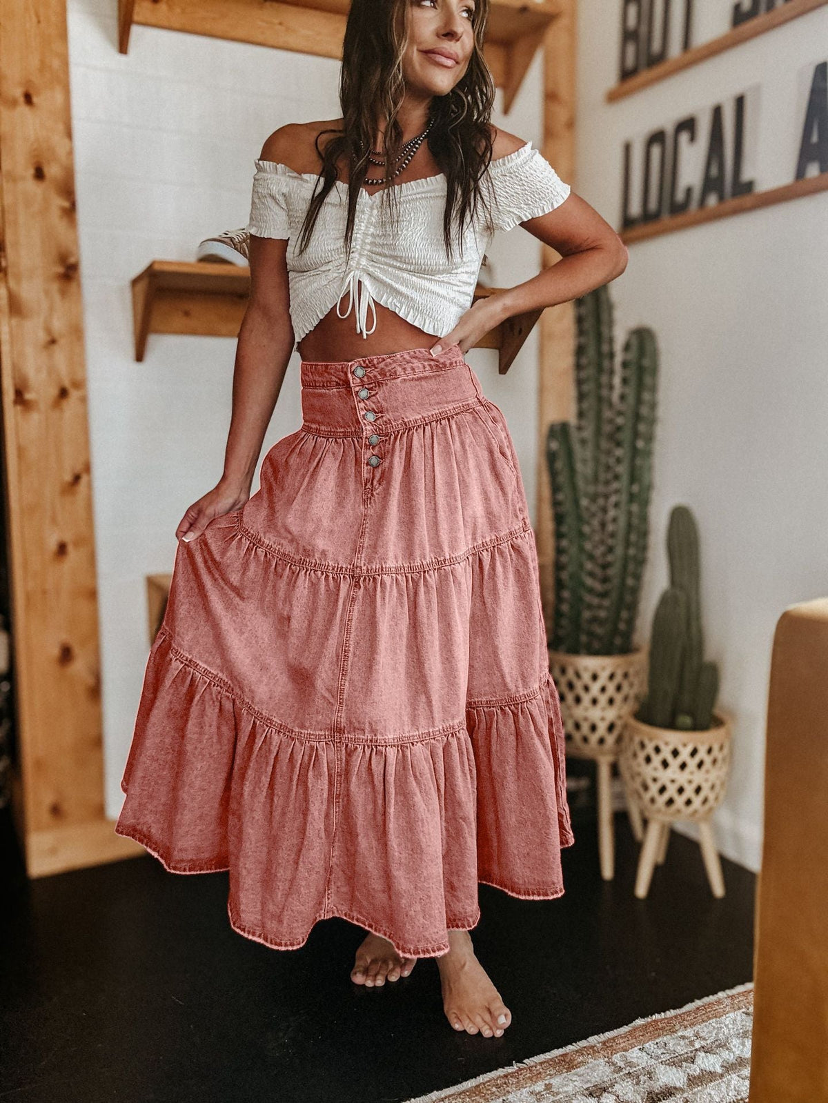 Bohemian A-Line Layered Denim Skirt