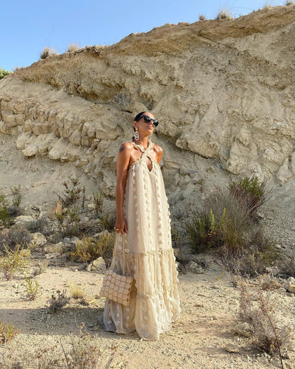 Elegant Solid Color Maxi Dress With 3D Floral Details