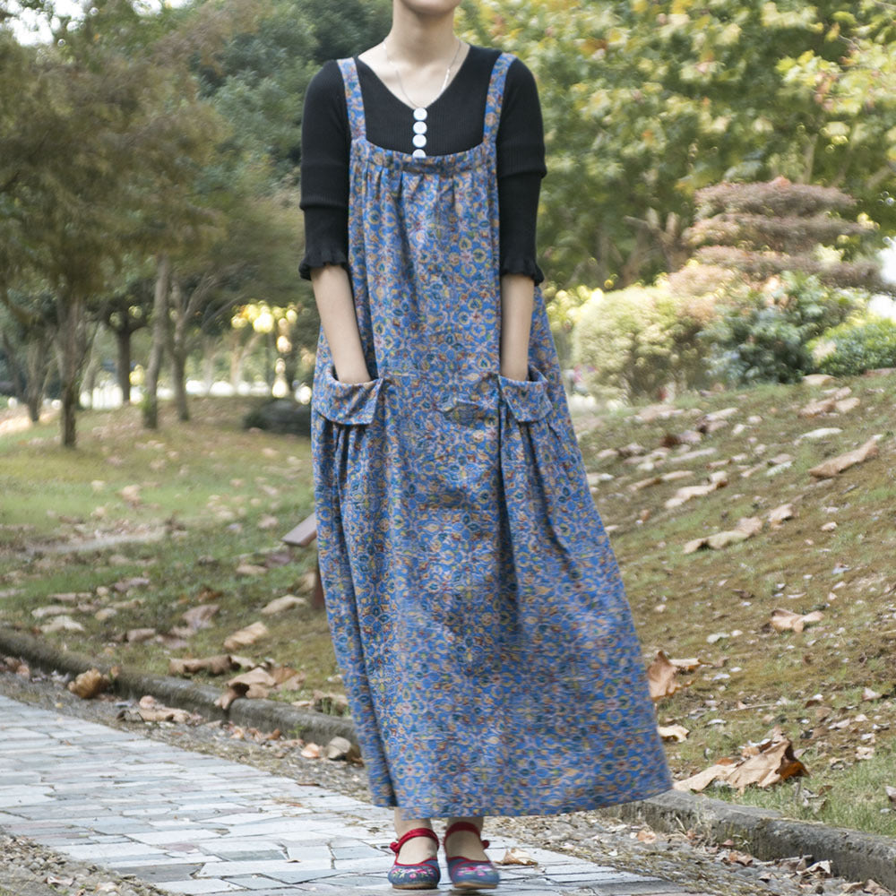 Spring And Autumn Ethnic Style Printed Cotton Hemp Strap Dress Loose Swing Large Pocket Long Dress