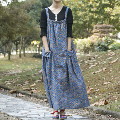 Spring And Autumn Ethnic Style Printed Cotton Hemp Strap Dress Loose Swing Large Pocket Long Dress