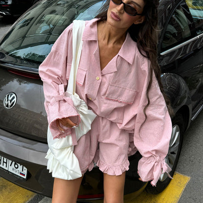 Fashionable Casual Two-Piece Set Women Cotton Ruffled Sleeves Cardigan Top with Shorts