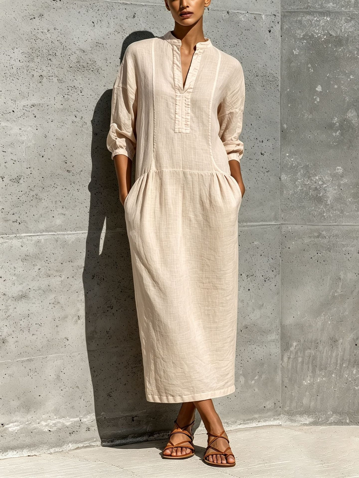 Linen Stand Collar Split V 3/4 Sleeve Drop Pocket Midi Dress