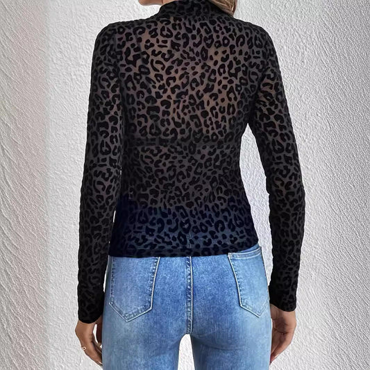 Black Leopard Print Sexy Mesh Top