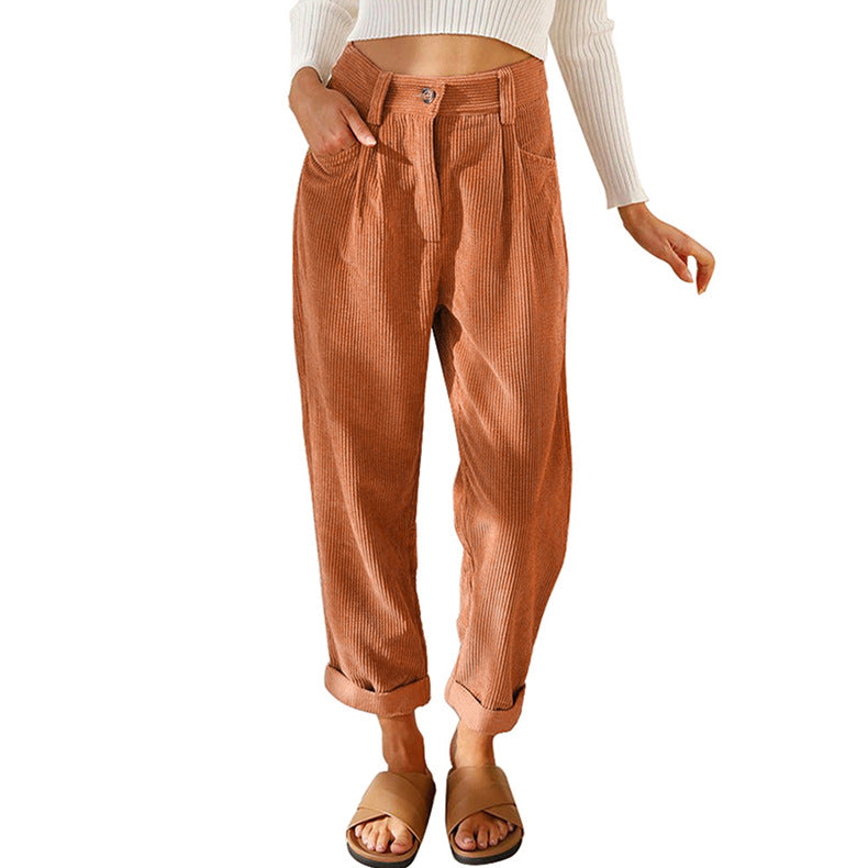 New Women'S High Waist Casual Pants Solid Color Loose Straight Corduroy Pants