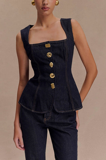 Modern Flavored Button High-Waist Denim Top and Pants Set