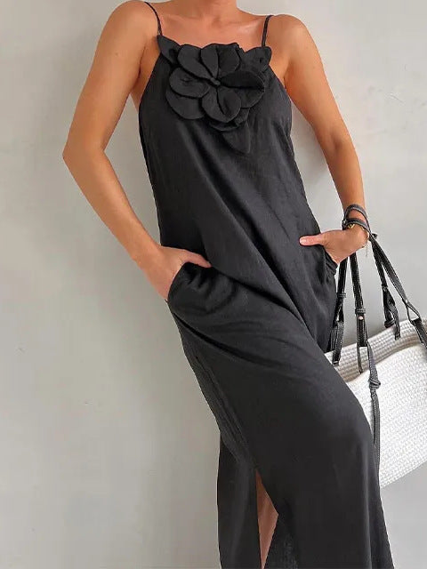 3D Floral Strapless Linen Maxi Dress for Trendy Street Style