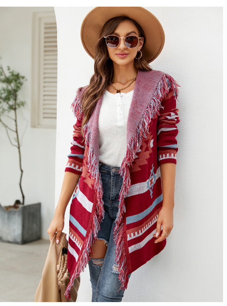 Autumn And Winter Loose Hooded Long Sweater Coat Tassel Geometric Jacquard Sweater Cardigan